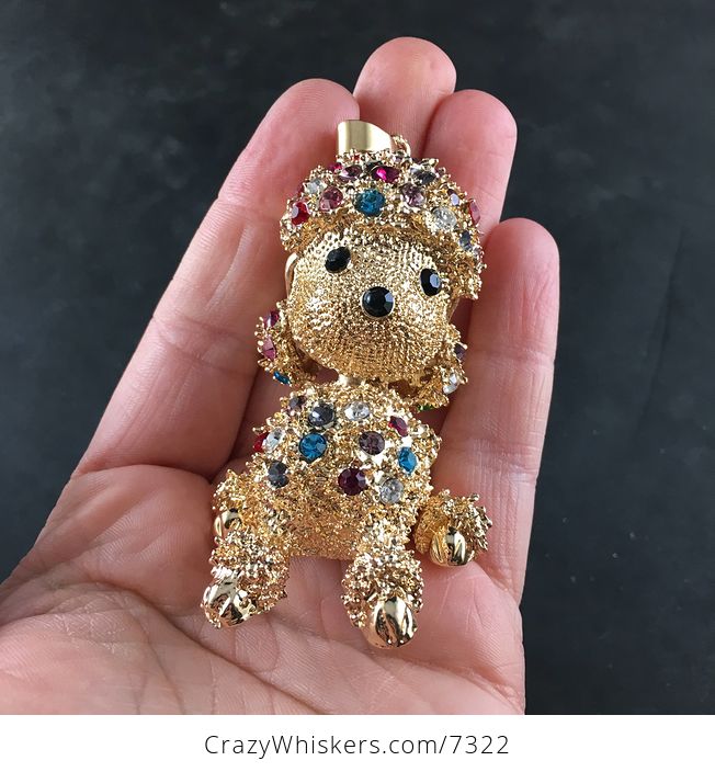 Poodle Puppy Dog Jewelry Necklace Pendant with Colorful Rhinestones on Textured Gold Tone - #CJ7usNw41Ls-7