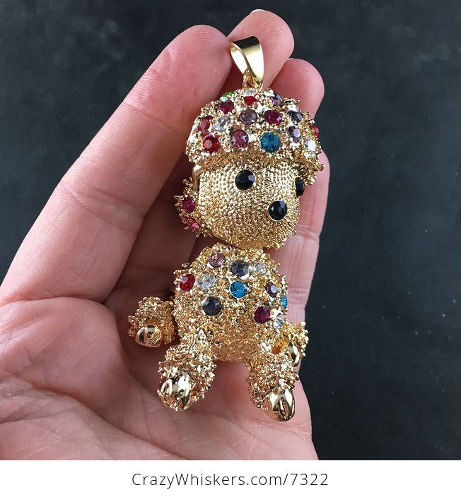 Poodle Puppy Dog Jewelry Necklace Pendant with Colorful Rhinestones on Textured Gold Tone - #CJ7usNw41Ls-2