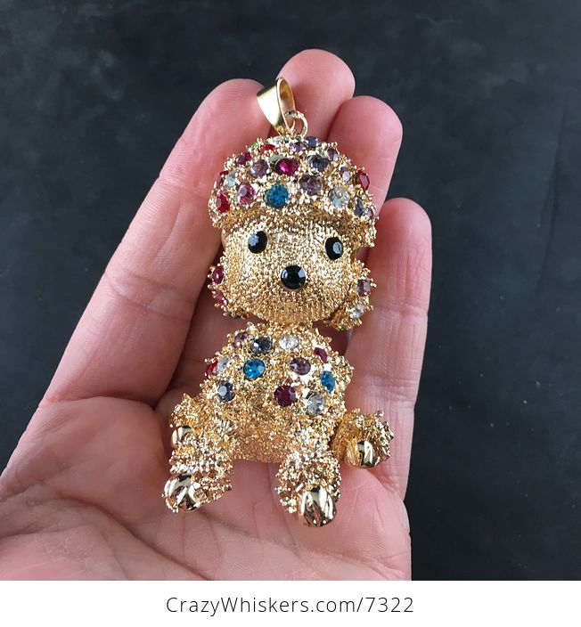 Poodle Puppy Dog Jewelry Pendant with Colorful Rhinestones on Textured Gold Tone - #CJ7usNw41Ls-1