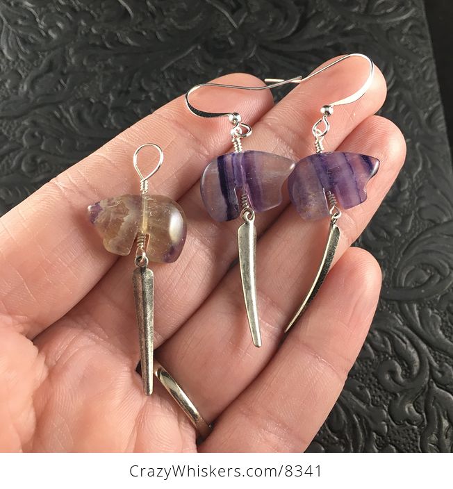 Purple Fluorite Bear and Antiqued Silver Metal Drop Earrings and Pendant Jewelry Set - #6jLXFEuFccU-1