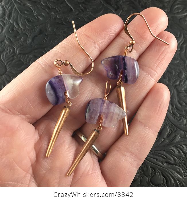 Purple Fluorite Bear and Copper Metal Drop Earrings and Pendant Jewelry Set - #ER8FrlJgGCI-1