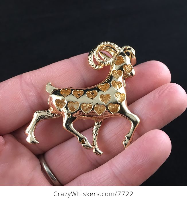 Ram Sheep with Crystal Rhinestones on Gold Tone Jewelry Pendant - #BM16aVimO3Q-3