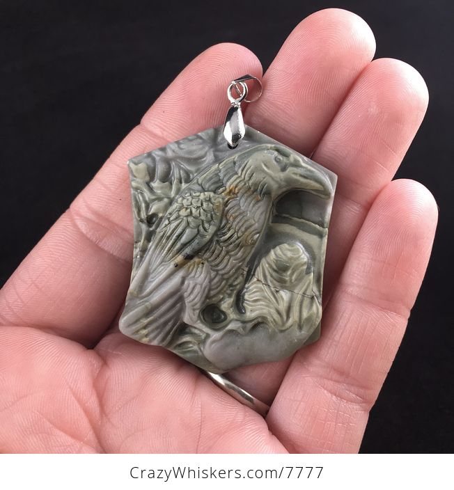 Raven Crow Bird Carved Ribbon Jasper Stone Pendant Jewelry - #Jeobduyd8H8-1