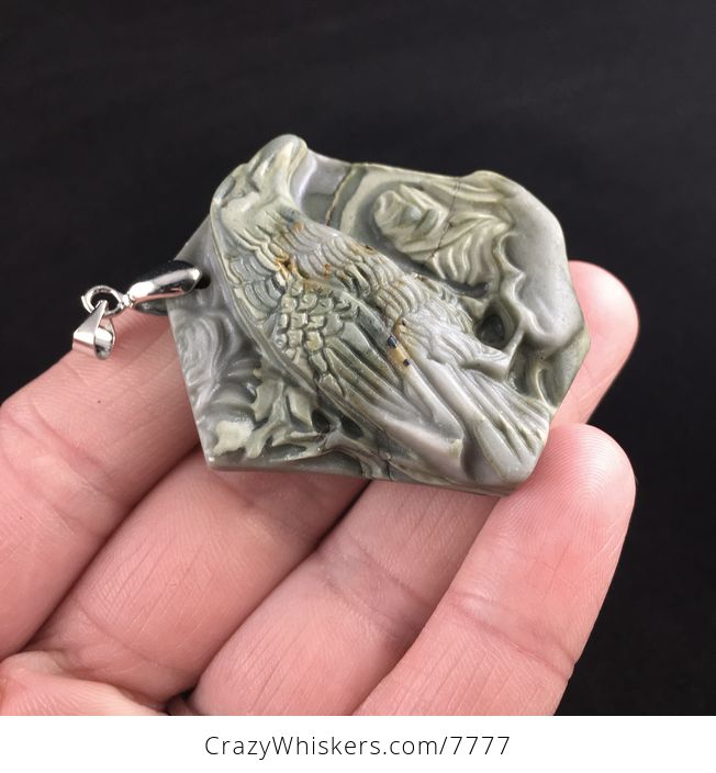 Raven Crow Bird Carved Ribbon Jasper Stone Pendant Jewelry - #Jeobduyd8H8-4