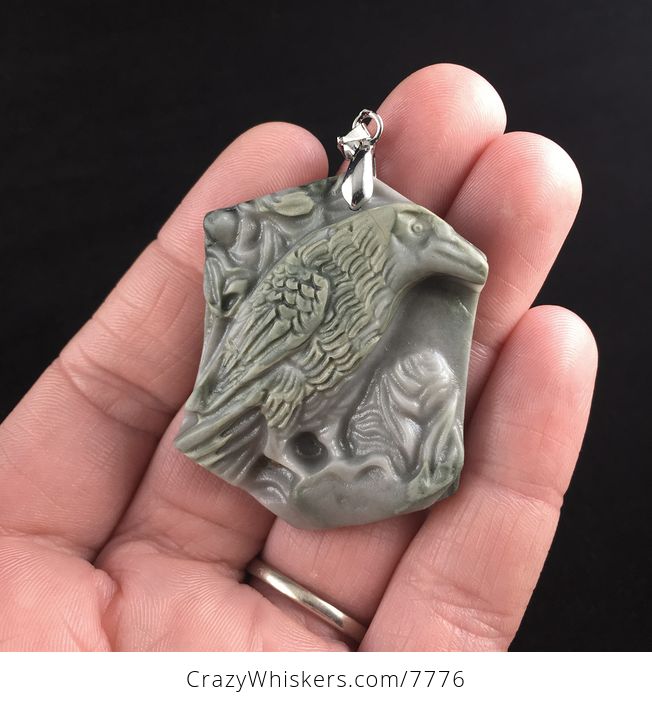 Raven Crow Bird Carved Ribbon Jasper Stone Pendant Jewelry - #xtobnxwIF0g-1