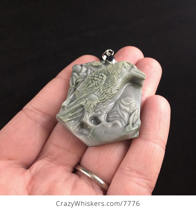 Raven Crow Bird Carved Ribbon Jasper Stone Pendant Jewelry - #xtobnxwIF0g-2