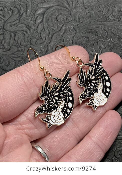 Raven Rose and Crescent Moon Witchy Earrings - #P3bvHPNu0hQ-3