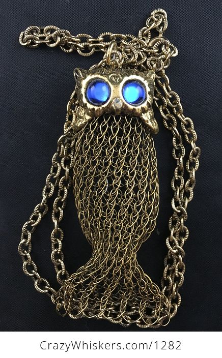 Really Unique Vintage Gold Tone Metal Mesh Formed Owl Pendant with Blue Cat Eye Stone Eyes - #iJ8RsEzDG3E-1