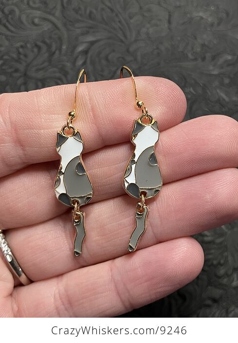 Rear View Enamel Gray and White Cat Dangly Tail Earrings - #giCKx8CFbHU-1