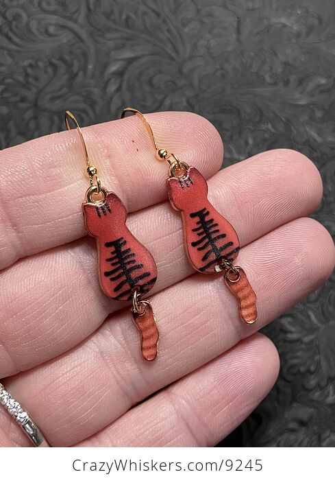 Rear View Ginger Orange Tabby Cat Dangly Tail Earrings - #flBKXrbktZ4-2