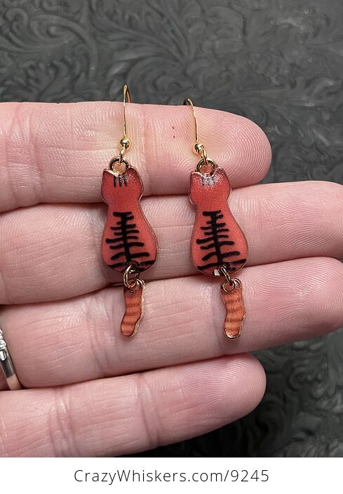 Rear View Ginger Orange Tabby Cat Dangly Tail Earrings - #flBKXrbktZ4-1