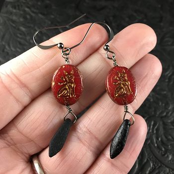 Red Black and Gold Glass Kitty Cat and Dagger Earrings #8zs832tubwE