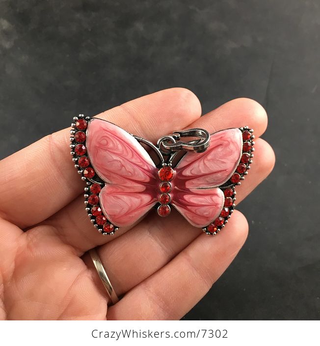 Red Butterfly Rhinesone and Pearlescent Enamel Jewelry Necklace Pendant - #stzDmyXm8iI-2