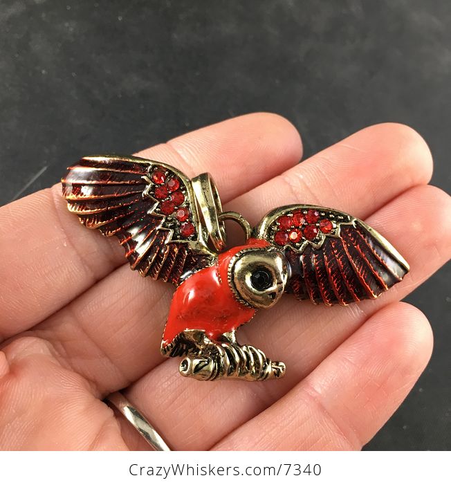Red Enamel and Rhinestone Flying or Landing Owl Jewelry Pendant - #PPvmTpG5OwY-1