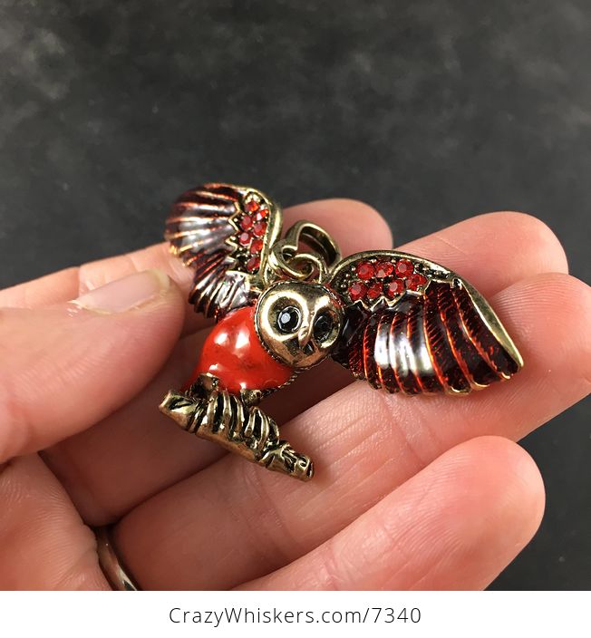 Red Enamel and Rhinestone Flying or Landing Owl Jewelry Pendant Necklace - #PPvmTpG5OwY-3