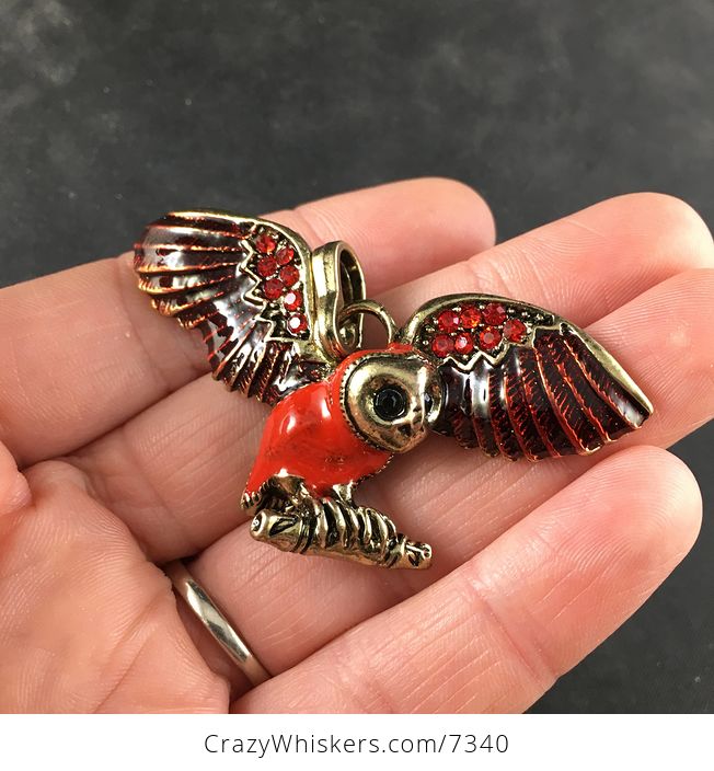Red Enamel and Rhinestone Flying or Landing Owl Jewelry Pendant Necklace - #PPvmTpG5OwY-2