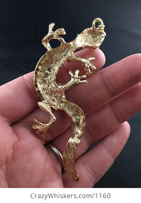 Red Gold and Rhinestone Gecko Lizard Pendant - #pHhLwMyshD0-2