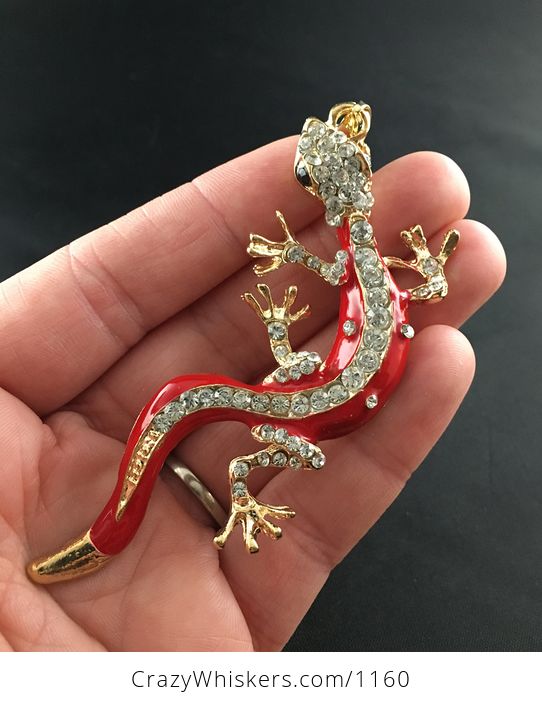 Red Gold and Rhinestone Gecko Lizard Pendant - #pHhLwMyshD0-1