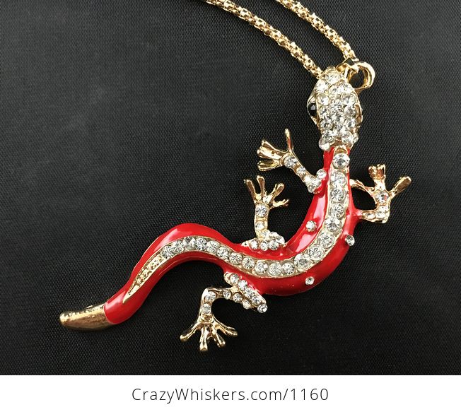 Red Gold and Rhinestone Gecko Lizard Pendant - #pHhLwMyshD0-3