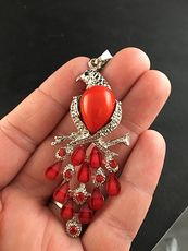 Red Stone and Silver Tone Phoenix Fire Bird or Peacock on Textured Silver Tone #F1JKjVHvca4