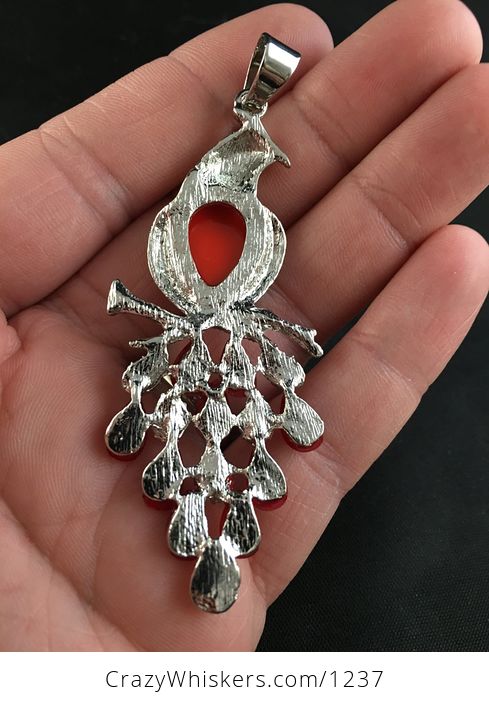 Red Stone and Silver Tone Phoenix Fire Bird or Peacock on Textured Silver Tone - #F1JKjVHvca4-2