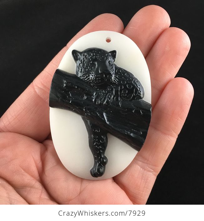 Reserved for Jc Carved Leopard Big Cat in a Tree Black Jasper and White Jade Stone Jewelry Pendant - #RYqYcCZ21vU-1