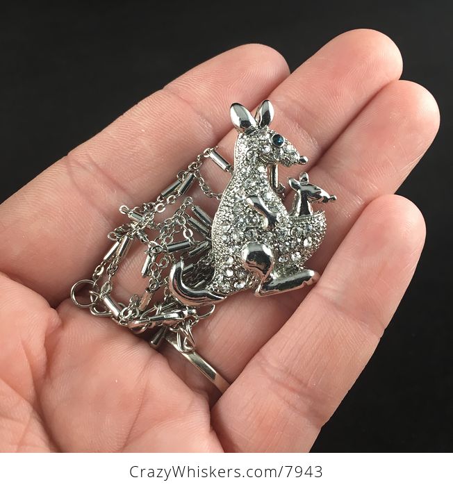 Reserved Silver Toned Rhinestone Kangaroo and Joey Jewelry Pendant Necklace - #4MZ9G7XxaAQ-1