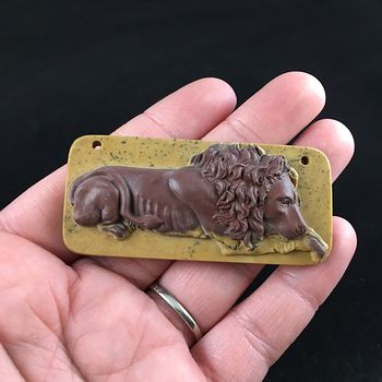 Resting Male Lion Carved Ribbon Jasper Stone Pendant Jewelry #ejoSqRSPINk
