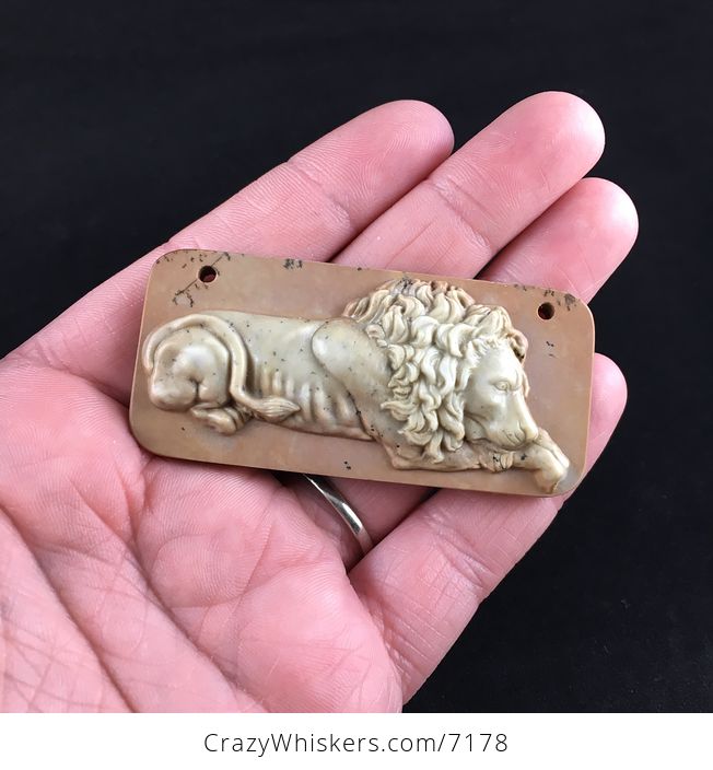 Resting Male Lion Carved Ribbon Jasper Stone Pendant Jewelry - #Ef0YLnLXIBE-1