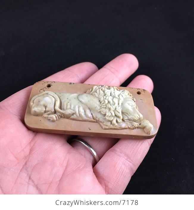 Resting Male Lion Carved Ribbon Jasper Stone Pendant Jewelry - #Ef0YLnLXIBE-2