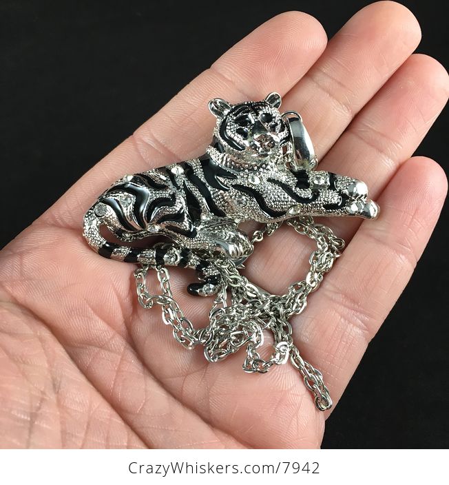 Resting Tiger Metal and Rhinestone Big Cat Jewelry Pendant Necklace - #u12vjLZg7i8-5