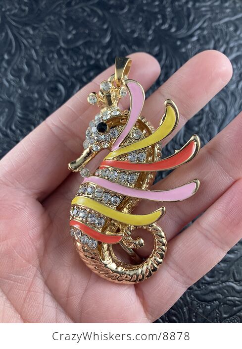 Rhinestone and Gold Tone Crowned Seahorse Pendant - #1Q9prBlyWjo-1