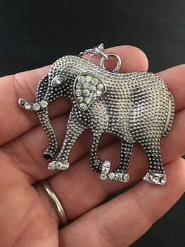 Rhinestone and Textured Silver Tone Walking Elephant Pendant #2IXeEVJapJs