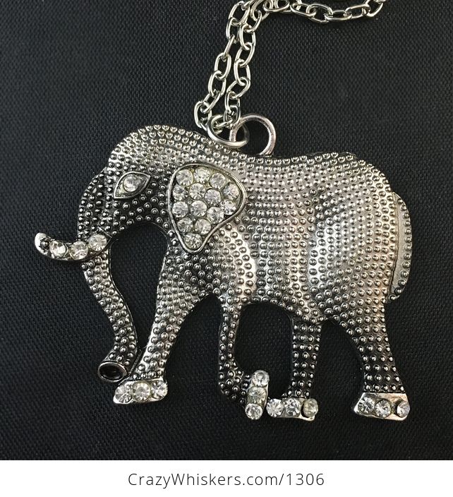 Rhinestone and Textured Silver Tone Walking Elephant Pendant - #2IXeEVJapJs-3