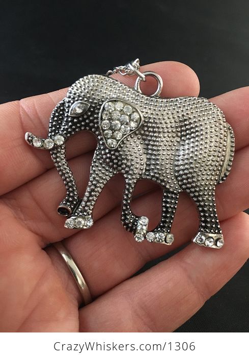 Rhinestone and Textured Silver Tone Walking Elephant Pendant - #2IXeEVJapJs-1