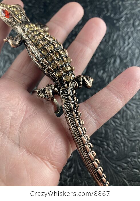 Rhinestone and Vintage Bronze Toned Alligator or Crocodile Pendant with Wiggly Tail - #Nf9m776xNk4-6