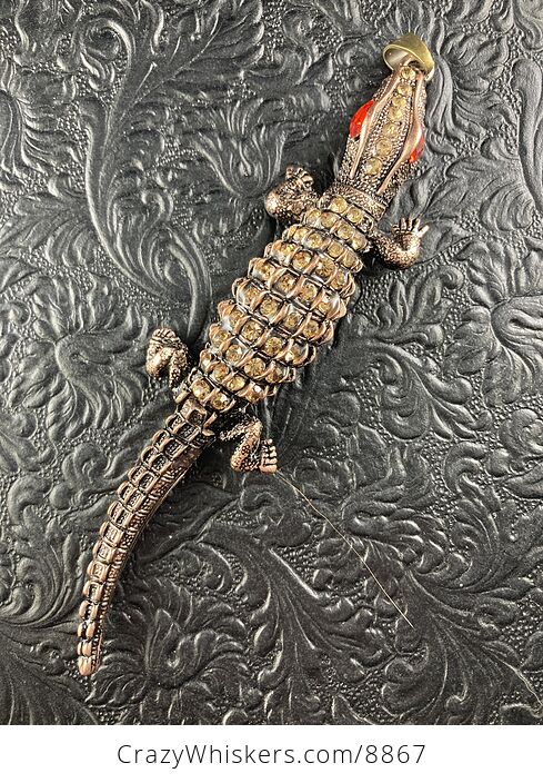 Rhinestone and Vintage Bronze Toned Alligator or Crocodile Pendant with Wiggly Tail - #Nf9m776xNk4-1