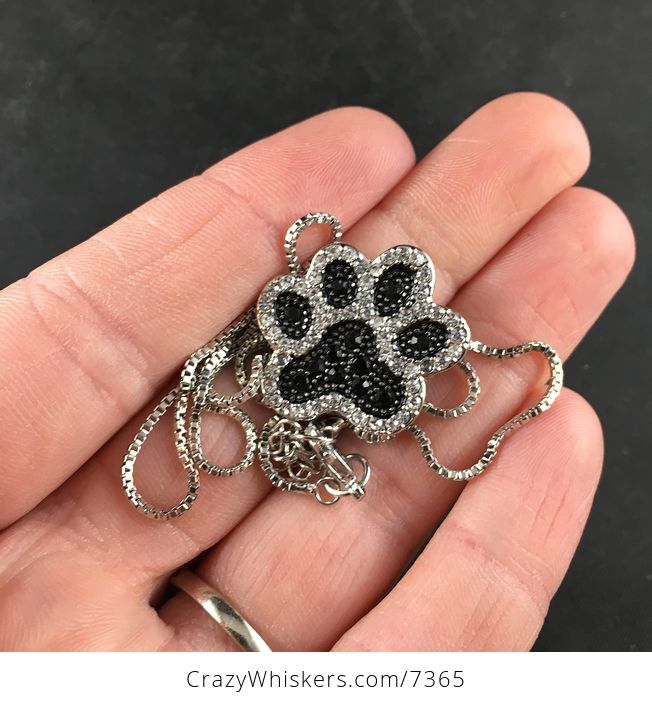 Rhinestone Black and Silver Tone Dog Paw Print Jewelry Necklace Pendant - #NBbHllgnFe8-1