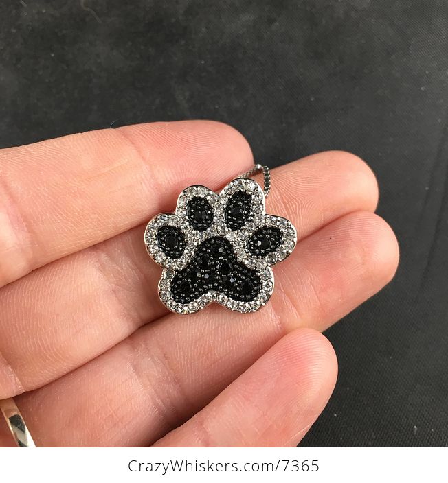Rhinestone Black and Silver Tone Dog Paw Print Jewelry Necklace Pendant - #NBbHllgnFe8-2