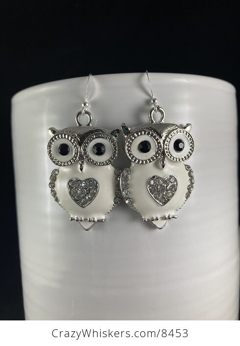 Rhinestone White and Silver Owl Earrings - #Av7tx3rSd60-4