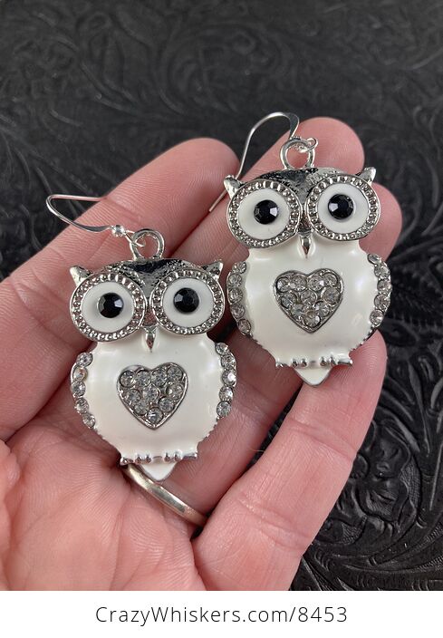 Rhinestone White and Silver Owl Earrings - #Av7tx3rSd60-1
