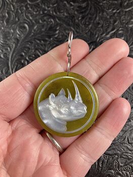 Rhinoceros Carved Mother of Pearl Shell on Lemon Jade Stone Pendant Jewelry Ornament Mini Art #SigimGpNkhk