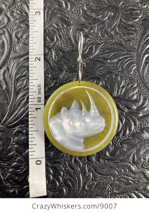 Rhinoceros Carved Mother of Pearl Shell on Lemon Jade Stone Pendant Jewelry Ornament Mini Art - #SigimGpNkhk-3