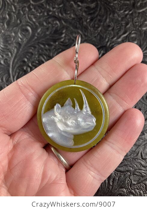 Rhinoceros Carved Mother of Pearl Shell on Lemon Jade Stone Pendant Jewelry Ornament Mini Art - #SigimGpNkhk-1