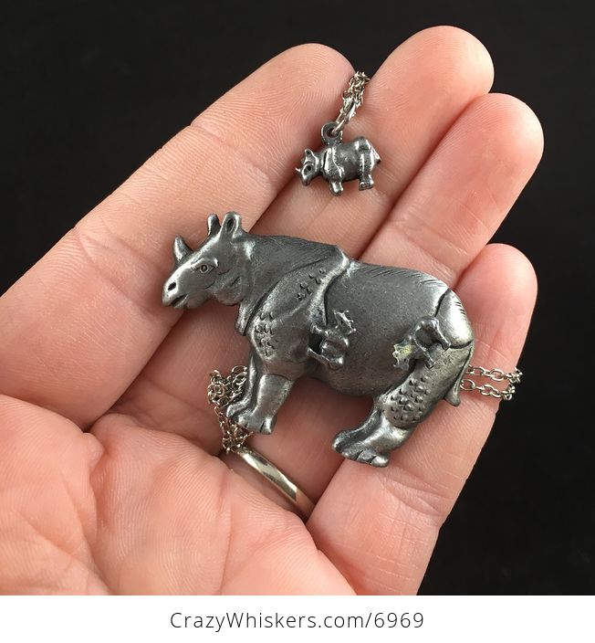 Rhinoceros Earrings Brooch Necklace and Trinket Jewelry Box Set Vintage Torino Pewter - #9HCsuT59rDQ-5