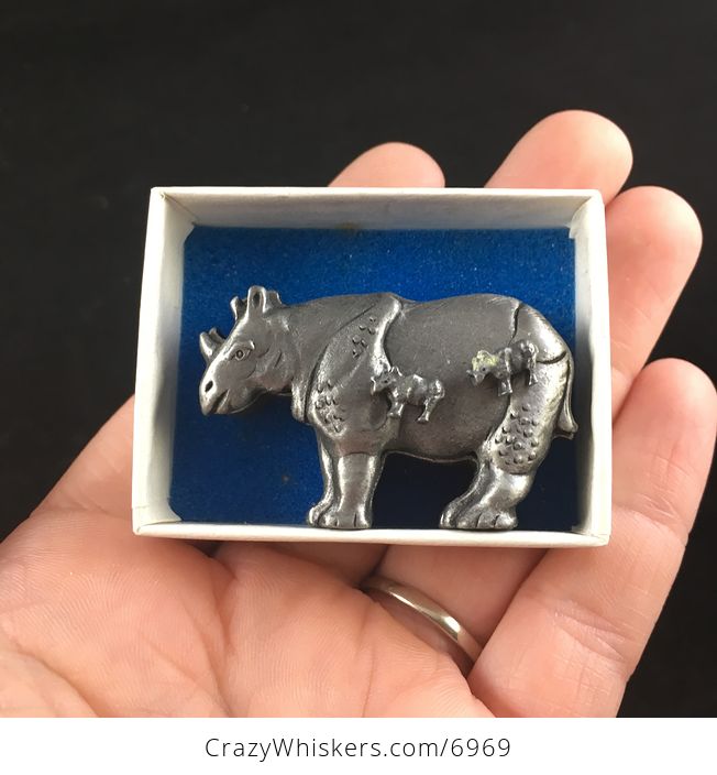 Rhinoceros Earrings Brooch Necklace and Trinket Jewelry Box Set Vintage Torino Pewter - #9HCsuT59rDQ-7