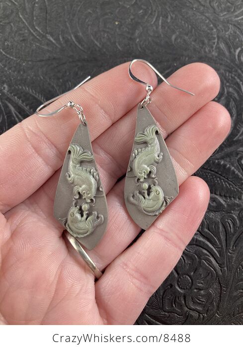 Ribbon Jasper Stone Koi Carp Fish Earrings Jewelry - #gXqAwiJikeM-1