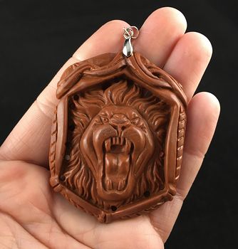 Roaring Male Lion Carved Red Jasper Stone Pendant Jewelry #bYkLP38gUmU