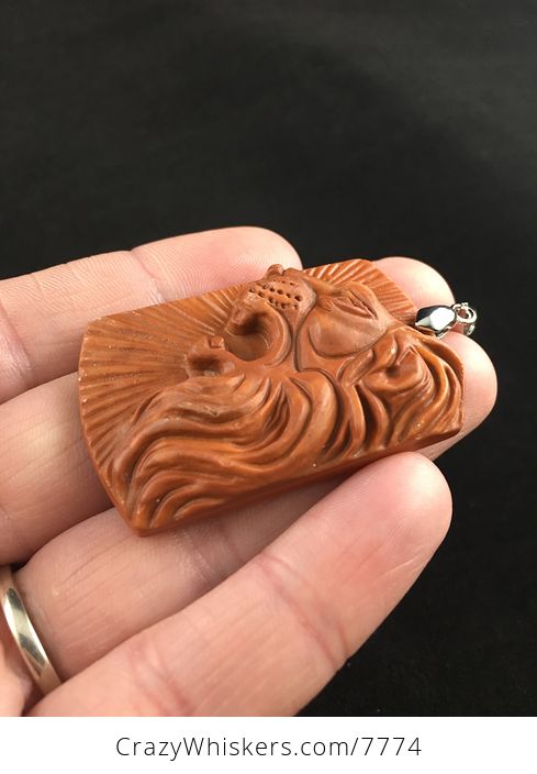 Roaring Male Lion Carved Red Jasper Stone Pendant Jewelry - #6tQO6zhfoPU-3