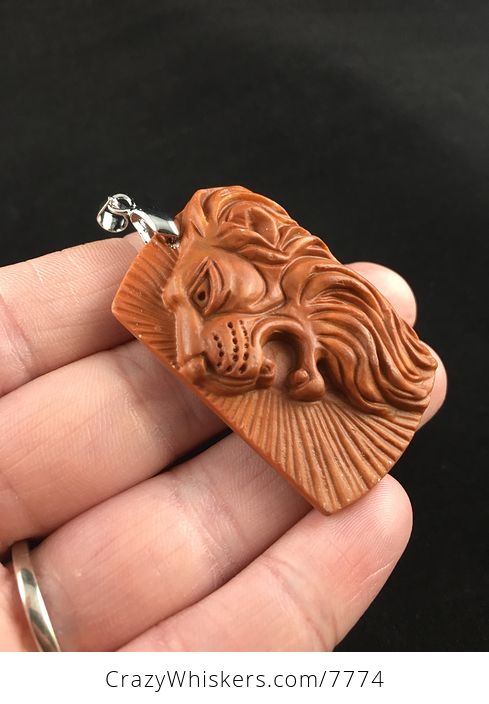 Roaring Male Lion Carved Red Jasper Stone Pendant Jewelry - #6tQO6zhfoPU-4